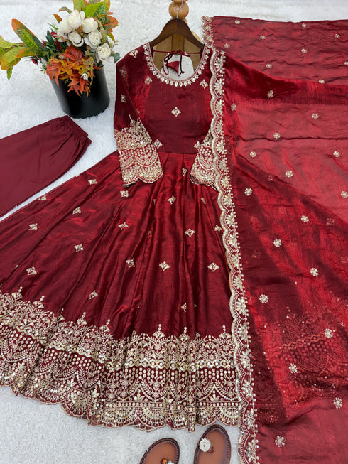 Maroon Pure Fendy Silk Anarkali - Close-up View | Samyak Fashion