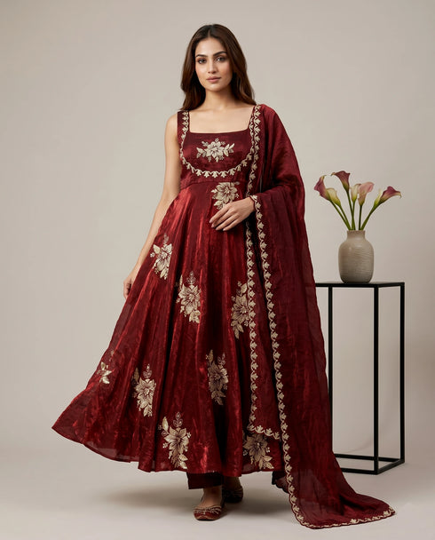 Maroon Pure Fendy Silk Elegant Salwar Suit - Front View | Samyak Fashion