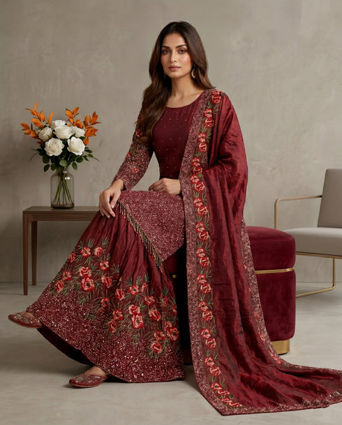 Maroon Pure Fendy Silk Elegant Salwar Suit - Back View | Samyak Fashion