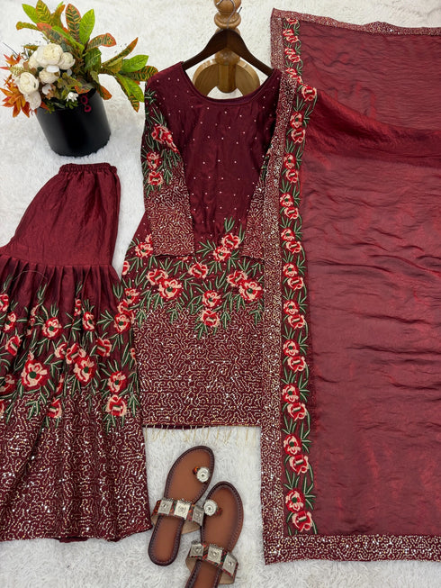 Maroon Pure Fendy Silk Elegant Salwar Suit - Side View | Samyak Fashion