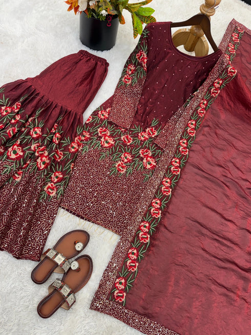 Maroon Pure Fendy Silk Elegant Salwar Suit - Detail View | Samyak Fashion