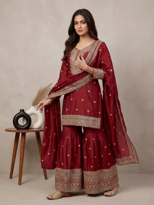 Maroon Pure Heavy Chinnon Silk Elegant Salwar Suit - Front View | Samyak Fashion
