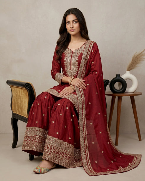 Maroon Pure Heavy Chinnon Silk Elegant Salwar Suit - Back View | Samyak Fashion