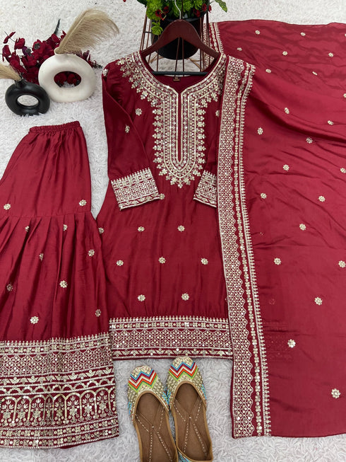 Maroon Pure Heavy Chinnon Silk Elegant Salwar Suit - Side View | Samyak Fashion