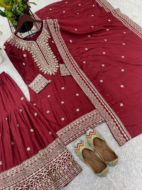 Maroon Pure Heavy Chinnon Silk Elegant Salwar Suit - Detail View | Samyak Fashion