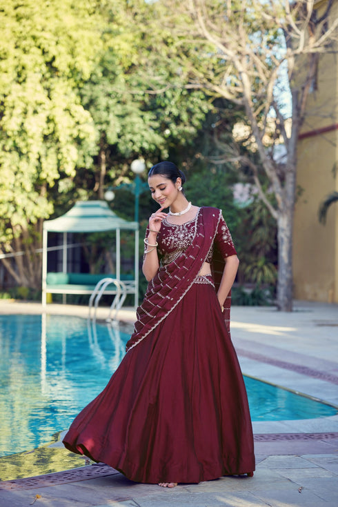 Maroon Rangoli Crush Silk Lehenga Choli Ethnic - Back View | Samyak Fashion