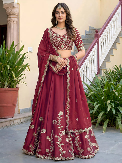 Maroon Rangoli Silk Lehenga Choli - Front View | Samyak Fashion