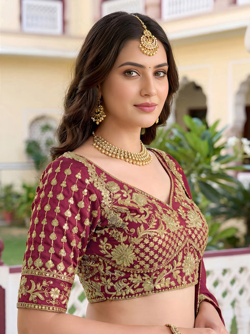 Maroon Rangoli Silk Lehenga Choli - Side View | Samyak Fashion