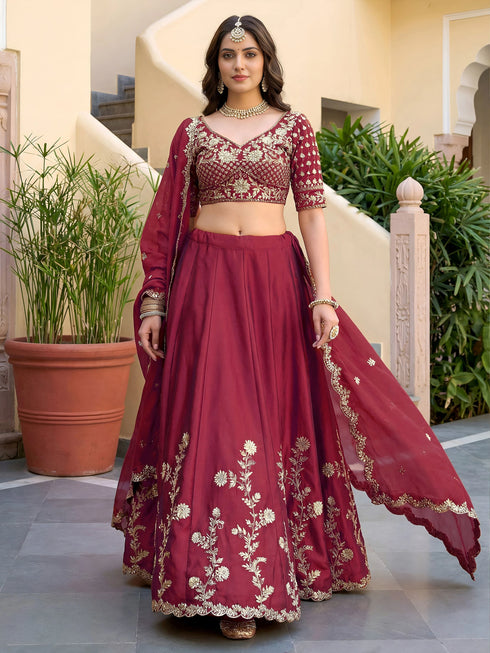 Maroon Rangoli Silk Lehenga Choli - Close-up View | Samyak Fashion