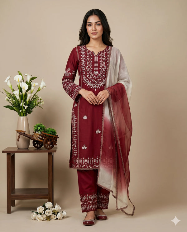 Maroon Rayon Cotton Elegant Salwar Suit - Front View | Samyak Fashion