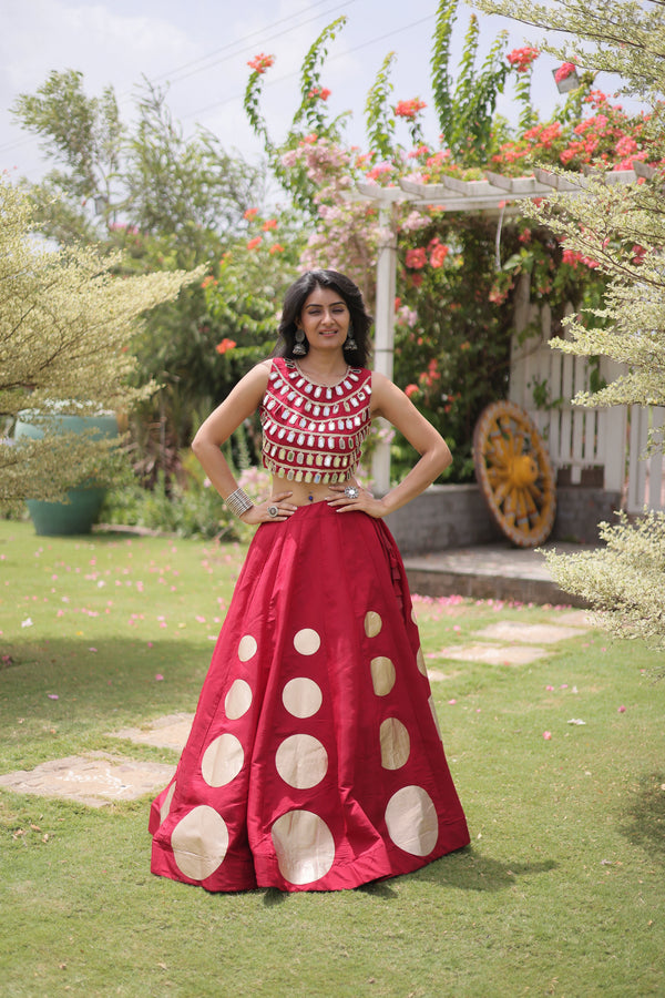 Maroon Roman Silk Lahenga Choli - Front View | Samyak Fashion
