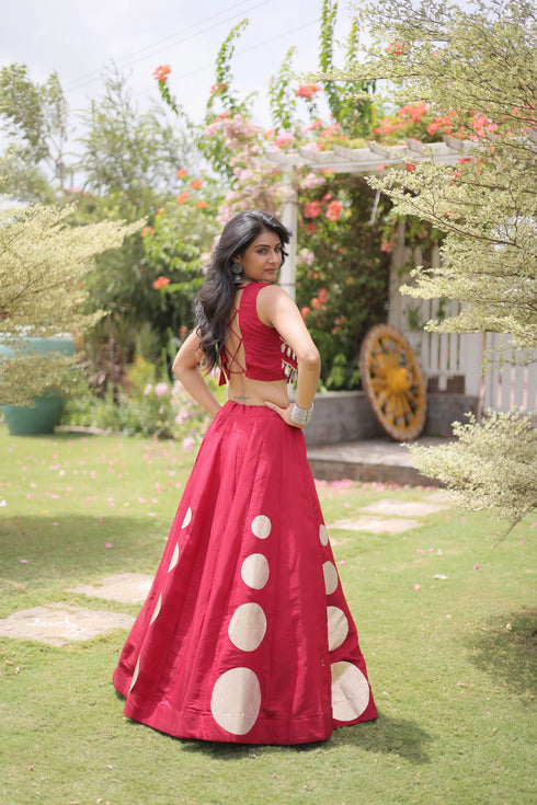 Maroon Roman Silk Lahenga Choli - Back View | Samyak Fashion