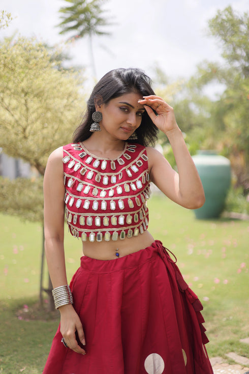 Maroon Roman Silk Lahenga Choli - Side View | Samyak Fashion