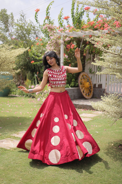 Maroon Roman Silk Lahenga Choli - Detail View | Samyak Fashion