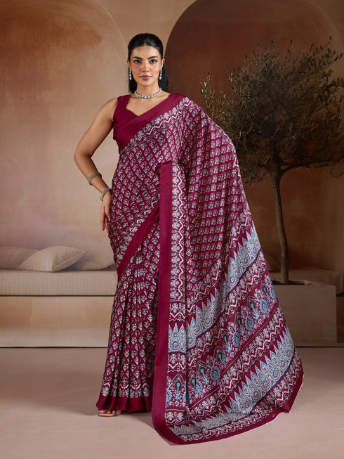 Maroon Soft Satin Georgette Elegant Party Wear Saree Collection With Blouse - Front View | Samyak Fashion