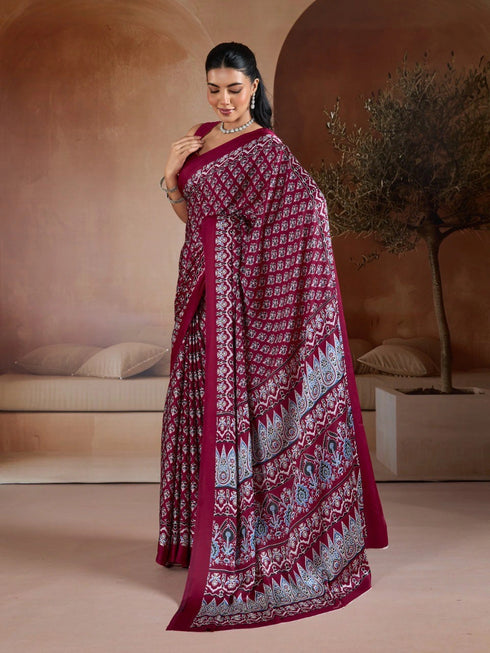 Maroon Soft Satin Georgette Elegant Party Wear Saree Collection With Blouse - Back View | Samyak Fashion
