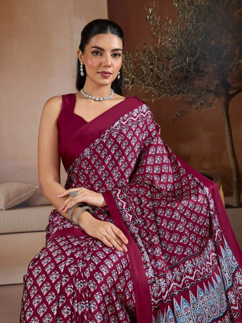 Maroon Soft Satin Georgette Elegant Party Wear Saree Collection With Blouse - Detail View | Samyak Fashion