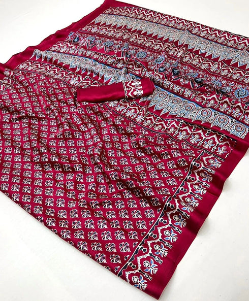 Maroon Soft Satin Georgette Elegant Party Wear Saree Collection With Blouse - Full View | Samyak Fashion