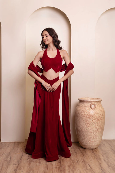 Maroon Velvet Arty Lehenga Choli - Front View | Samyak Fashion