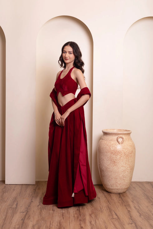 Maroon Velvet Arty Lehenga Choli - Back View | Samyak Fashion