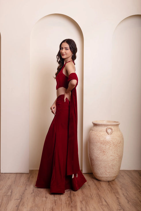 Maroon Velvet Arty Lehenga Choli - Side View | Samyak Fashion