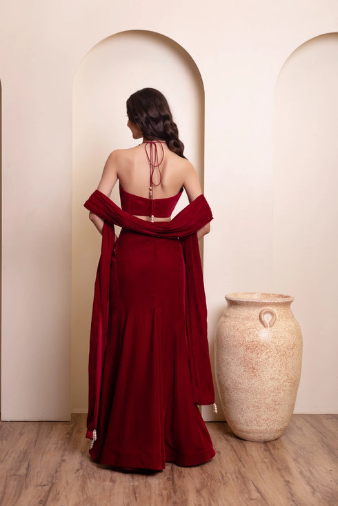 Maroon Velvet Arty Lehenga Choli - Detail View | Samyak Fashion