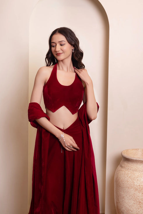 Maroon Velvet Arty Lehenga Choli - Close-up View | Samyak Fashion