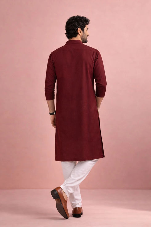 Maroon Velvet Mens For A Festive And Kurta With Payjama - Back View | Samyak Fashion