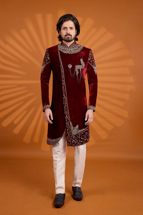 Maroon Velvet Mens Premium Men's Sherwani - Front View | Samyak Fashion