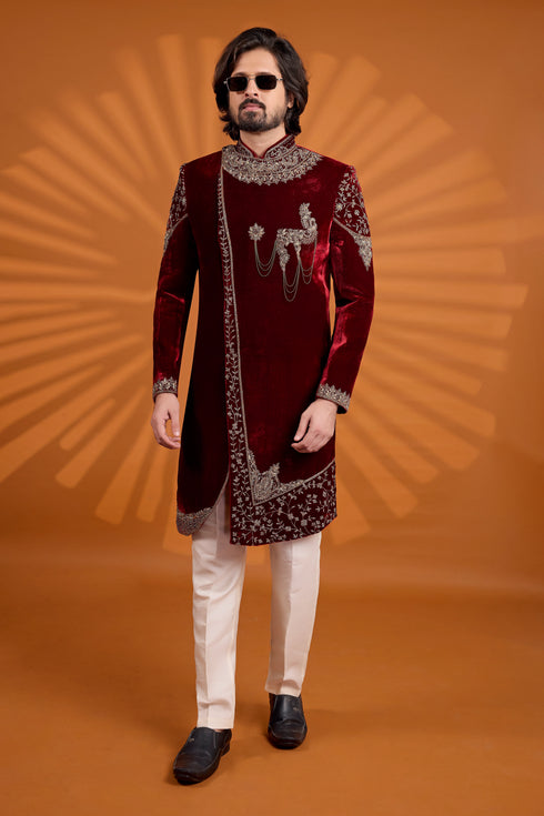 Maroon Velvet Mens Premium Men's Sherwani - Back View | Samyak Fashion