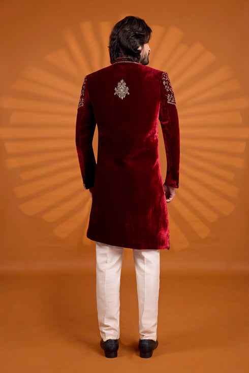 Maroon Velvet Mens Premium Men's Sherwani - Side View | Samyak Fashion