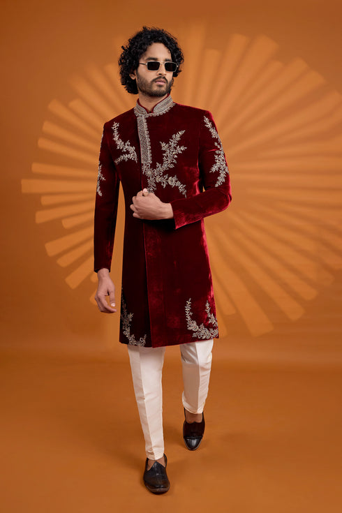 Maroon Velvet Mens Premium Men's Sherwani - Back View | Samyak Fashion