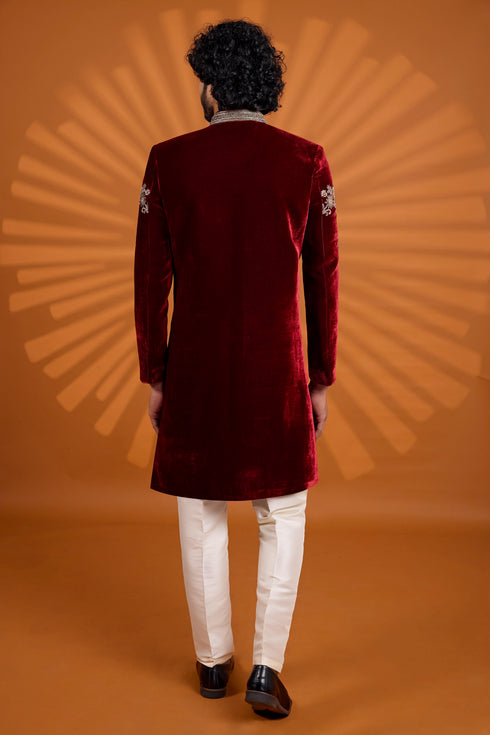 Maroon Velvet Mens Premium Men's Sherwani - Side View | Samyak Fashion