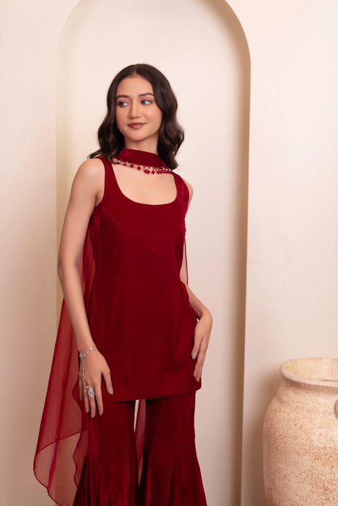 Maroon Velvet Salwar Suit - Close-up View | Samyak Fashion