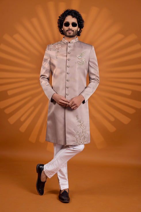 Mauve Art Silk Mens Premium Men's Sherwani - Back View | Samyak Fashion