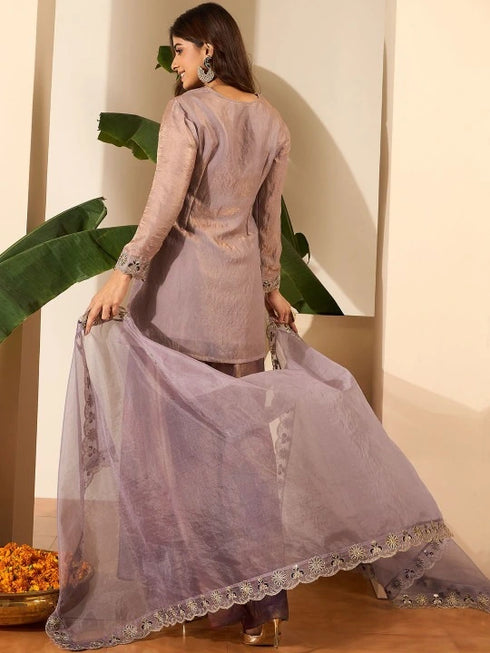 Mauve Fendy Satin Salwar Suits - Back View | Samyak Fashion