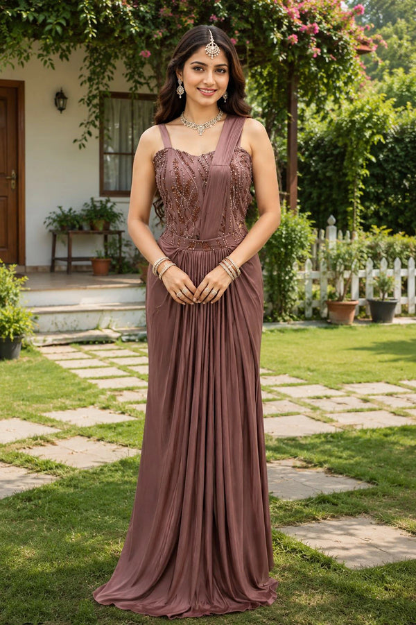 Mauve Real Premium Lycra Gown - Front View | Samyak Fashion