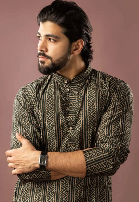 Mehandi Green Modal Silk Mens Kurta With Payjama - Side View | Samyak Fashion