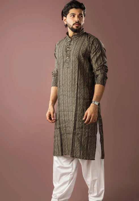 Mehandi Green Modal Silk Mens Kurta With Payjama - Detail View | Samyak Fashion