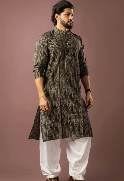 Mehandi Green Modal Silk Mens Kurta With Payjama - Close-up View | Samyak Fashion