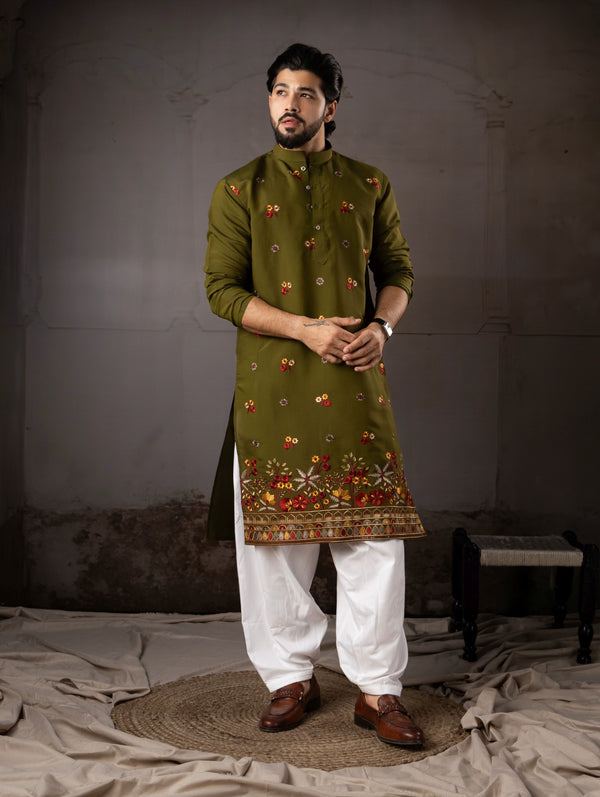 Mehandi Silk Mens Kurta With Payjama - Front View | Samyak Fashion