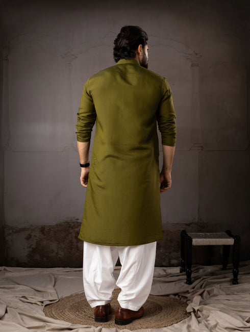 Mehandi Silk Mens Kurta With Payjama - Back View | Samyak Fashion