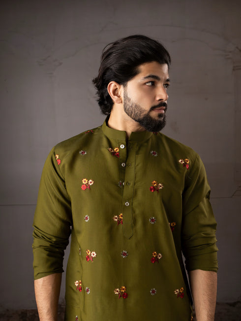 Mehandi Silk Mens Kurta With Payjama - Side View | Samyak Fashion