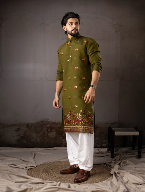 Mehandi Silk Mens Kurta With Payjama - Detail View | Samyak Fashion