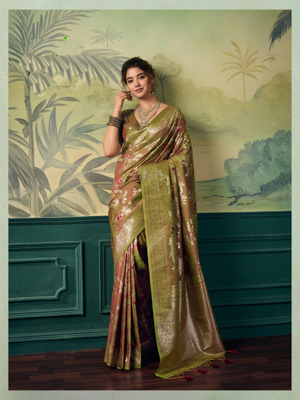Mehendi Green Banarasi Silk Party Wear Saree With Blouse - Front View | Samyak Fashion