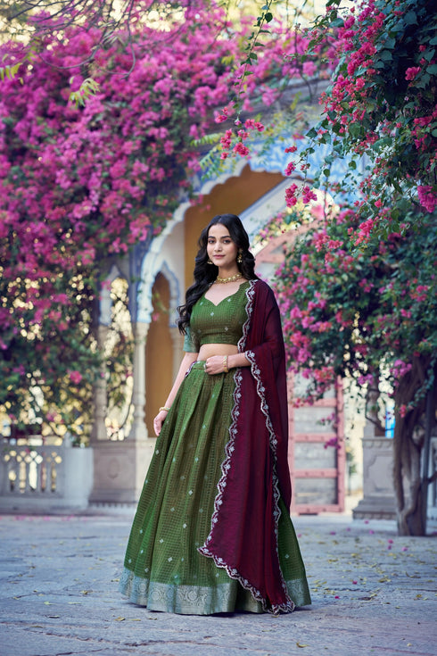 Mehendi Green Chinon Lehenga Choli Ethnic - Front View | Samyak Fashion