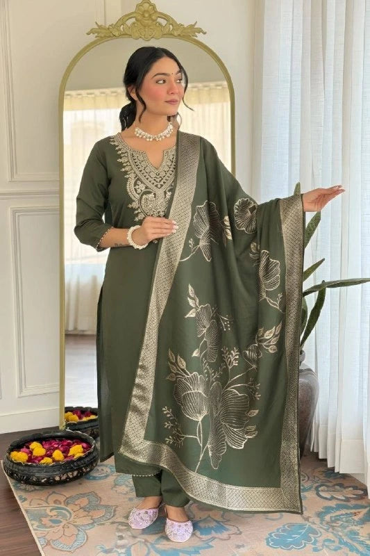 Mehendi Green Cotton Blend Salwar Suit - Front View | Samyak Fashion