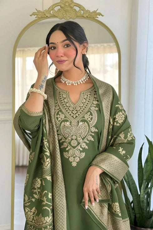 Mehendi Green Cotton Blend Salwar Suit - Detail View | Samyak Fashion