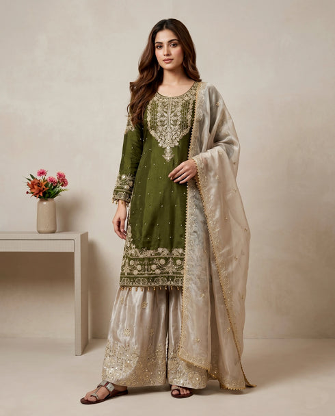 Mehendi Green Heavy Gmy Silk Elegant Salwar Suit - Front View | Samyak Fashion