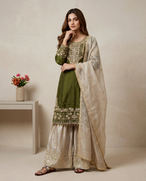 Mehendi Green Heavy Gmy Silk Elegant Salwar Suit - Back View | Samyak Fashion